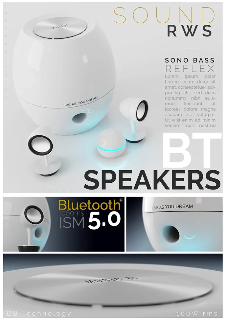 Enceinte Bluetooth réalisée en 3D, finalisée sur PHOTOSHOP et ILLUSTRATOR - Eric PREZELIN